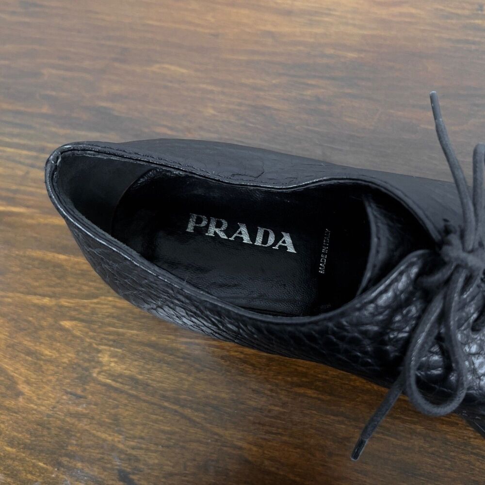 Prada Block Heel Lace Up Derby in Black Textured Leather Sz. 39.5, US 9.5 - Picture 9 of 9